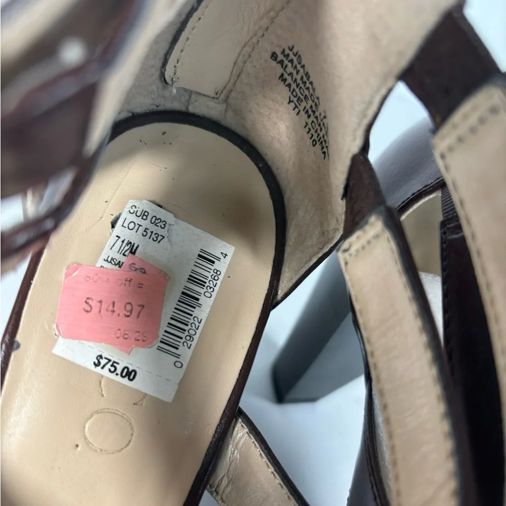 Brown‎ Strapped Cage Upper Block Heel Pep Toe Buckle Accent Back Womens 7.5